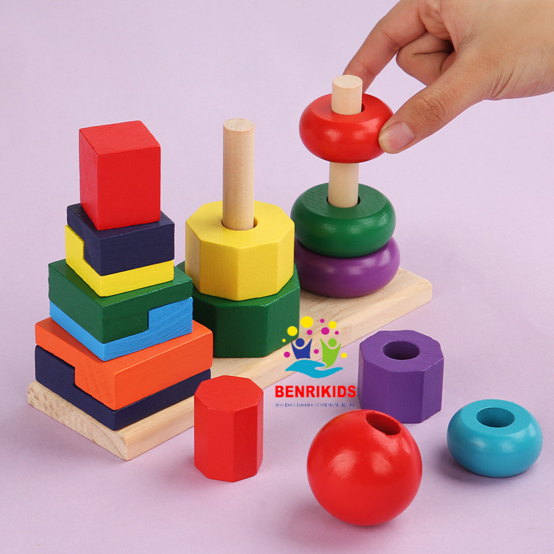 Đồ chơi gỗ tháp cầu vòng bằng gỗ - bộ 3 tháp cầu vồng thả hình khối size lớn cho bé