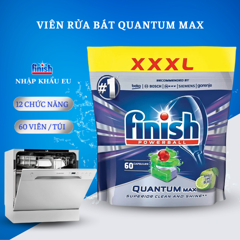 Viên rửa bát Finish Quantum max 60v cao cấp nhập khẩu Châu Âu dùng cho máy rửa bát