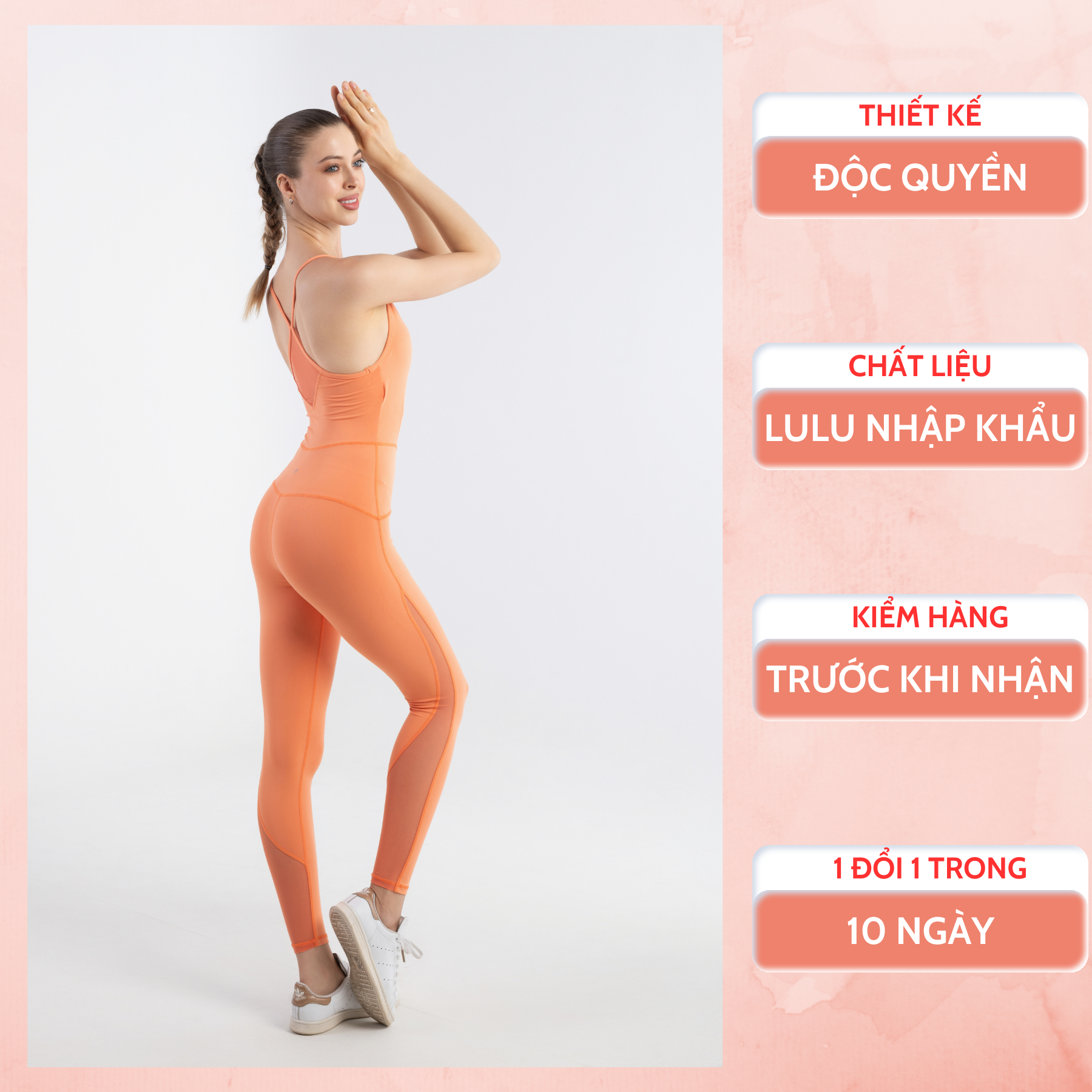 Set đồ tập jumpsuit yoga, gym, thể thao thương hiệu Ahani yoga phối lưới, kèm đệm mút màu cam
