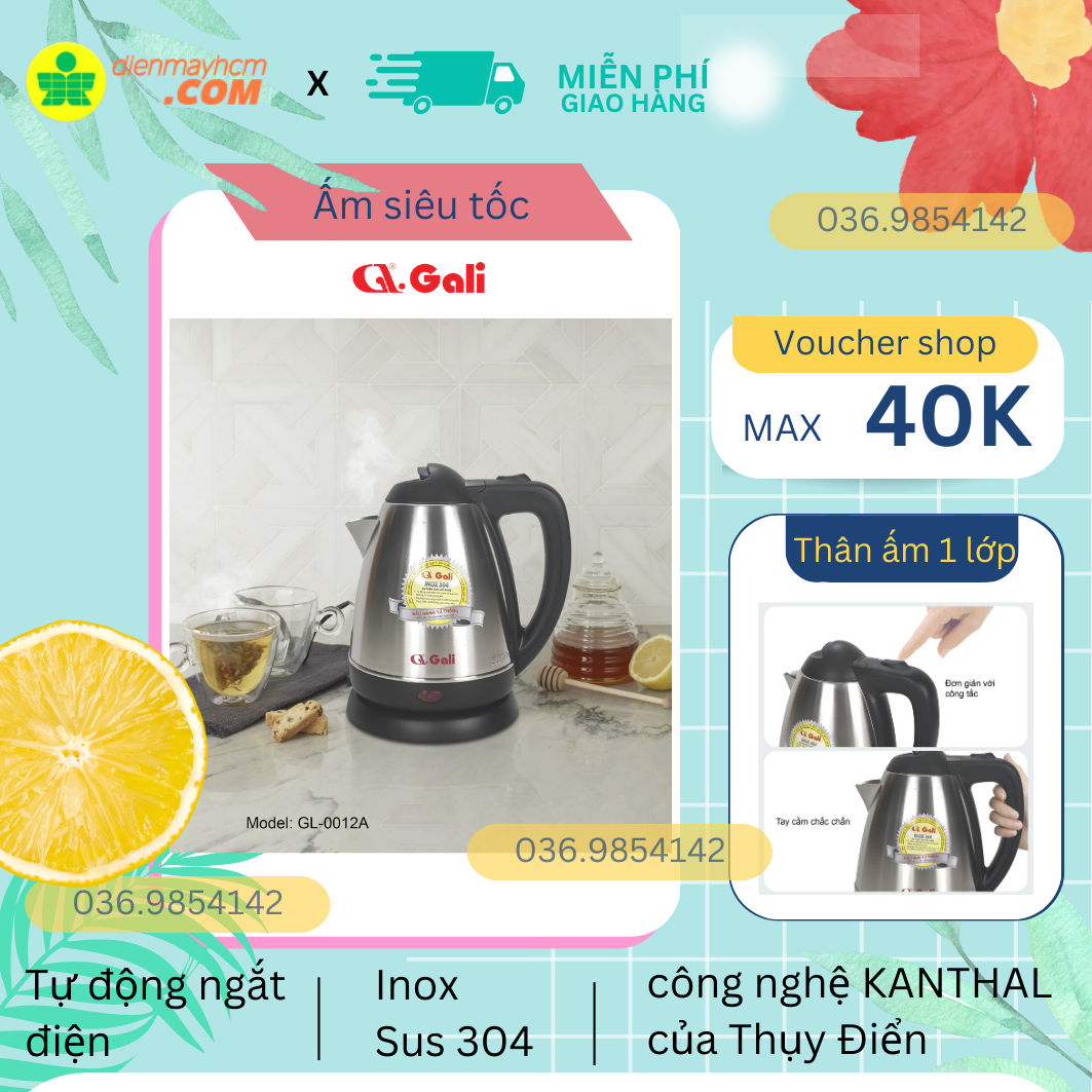 Ấm siêu tốc gali mã sp gl-0012a 1000w 1.2 lít inox 304 nhập khẩu bảo hành chính hãng 12 tháng tem cr chứng nhận chất lượng hàng hóa nhập khẩu