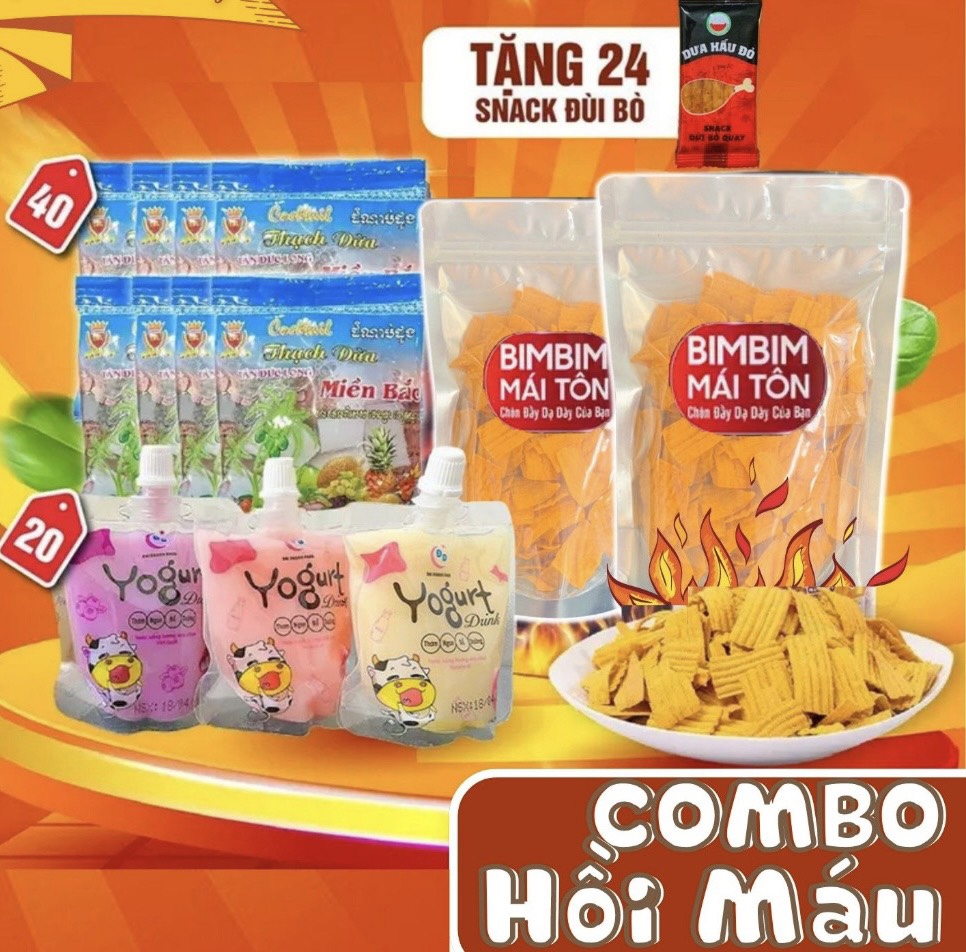 Combo hồi máu : bim bim mái tôn + 40 gói thạch dừa + 20 gói sữa yogurt + 24 gói đùi bò quay, đồ ăn vặt, bà tuyết diamond