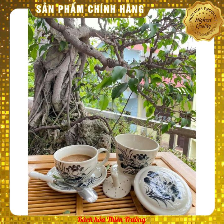 Bộ phin pha kèm cốc uống cà phê gốm sứ Bát Tràng vẽ tay hoa sen cao cấp