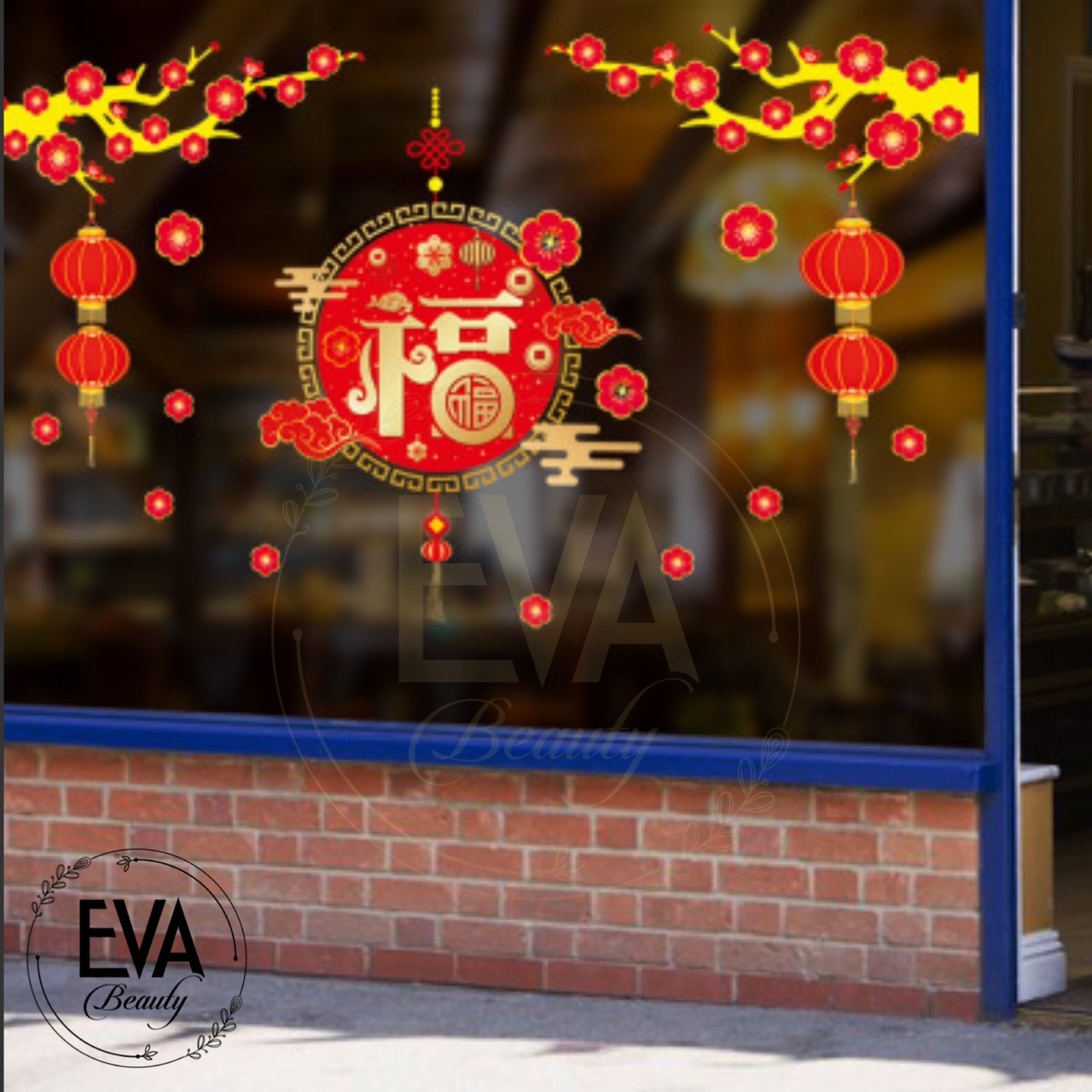 [HCM]Decal Dán Tường Dán Kính Trang Trí Tết Họa Tiết Hoa Đào Đỏ Và Dây Treo Đèn Lồng Chữ Phúc XH6290 M3416