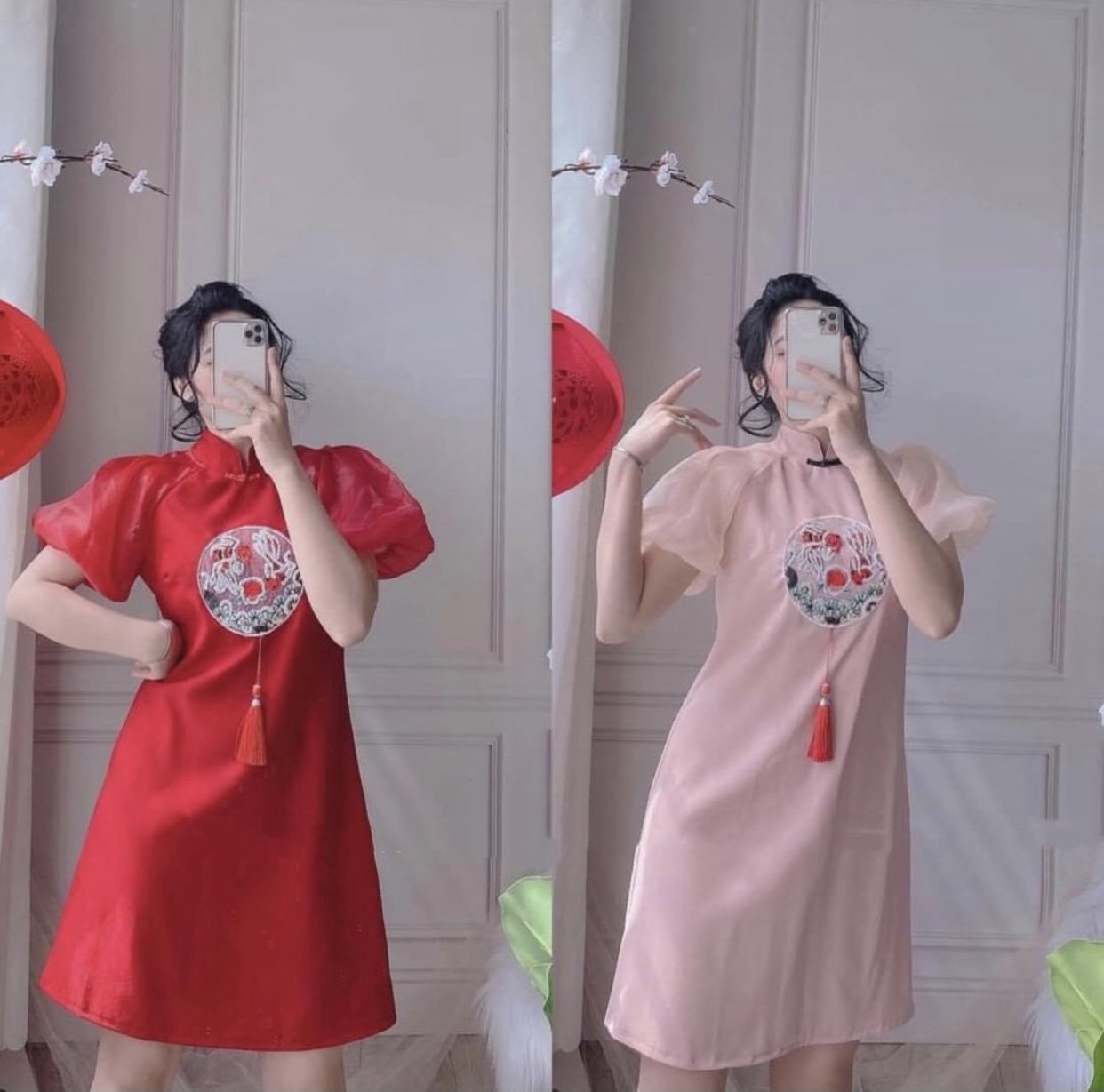 Áo dài cách tân áo dài tết đầm tết thêu họa tiết 3D cổ tàu tay bồng phối lưới xinh xắn thời trang mùa xuân