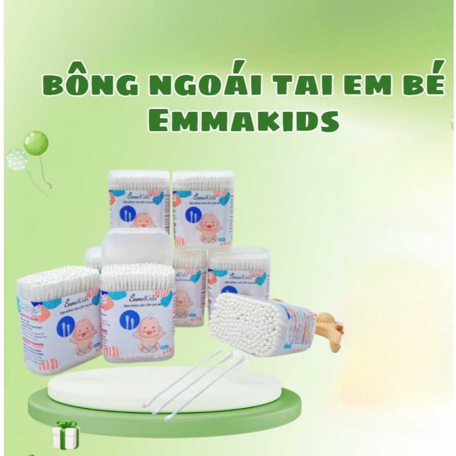 Tăm bông trẻ em EmmaKids kháng khuẩn hộp 200 que lõi giấy cho bé sơ sinh ngoáy tai mũi