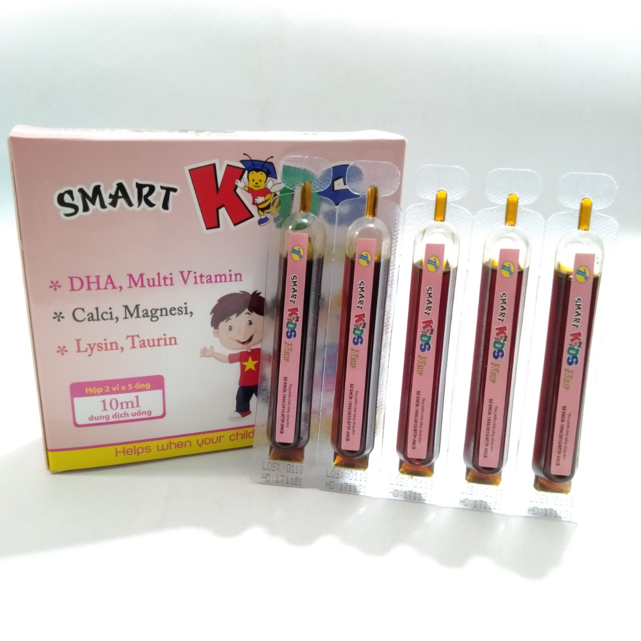 Tăng cường miễn dịch, tăng đề kháng, kích thích ăn ngon miệng, hạn chế còi xương suy dinh dưỡng ,Nâng cao trí lực cho bé Smart Kids New chứa Kẽm, DHA, vitamin tổng hợp, calcium, lysin,taurin-Hộp 10 ống uống