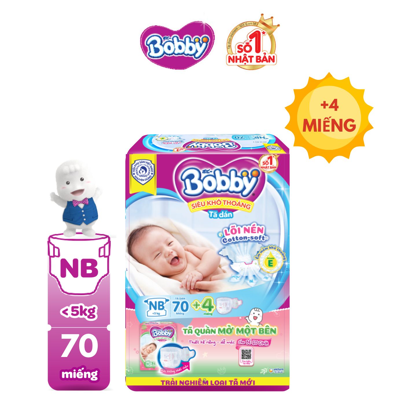 Tã dán sơ sinh bobby xs70 mới + tặng kèm 4 miếng tã quần mở một bên size nb-s