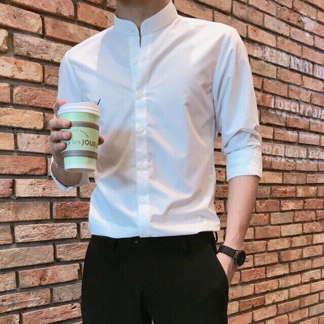 Áo sơ mi nam trơn cổ tàu dài tay 2 màu đen trắng