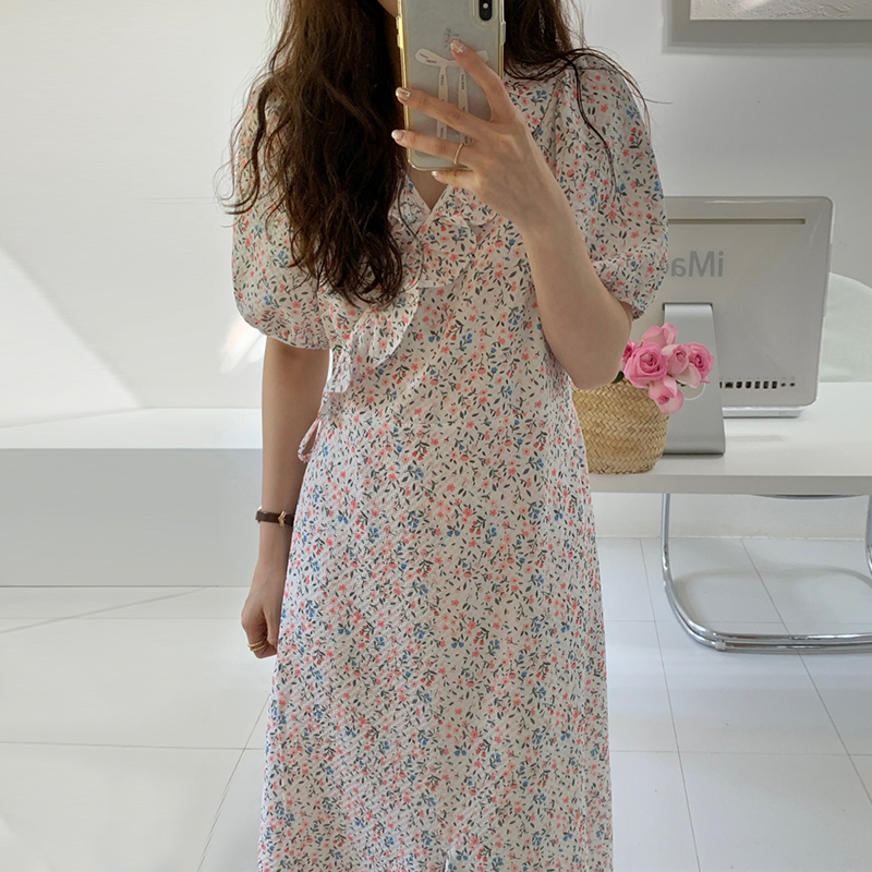 Hàn Quốc Taishengniao thời trang mới V-Neck thắt lưng thắt lưng sừng tay áo đầm