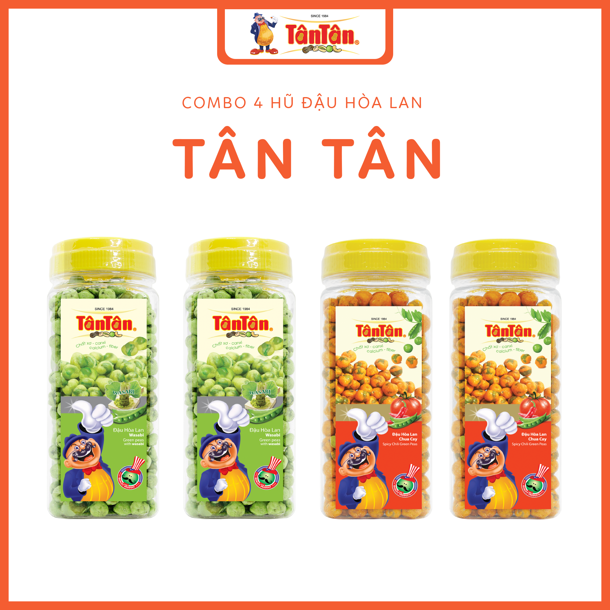 Combo 4 hũ Đậu Hòa Lan Tân Tân: 2 hũ HL Wasabi 190g, 2 hũ HL Chua Cay 190g
