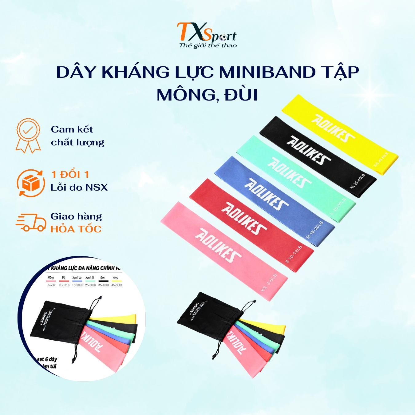 Dây Kháng Lực, Bộ 6 Dây Mini Band Cao Su Kháng Lực Tập Gym Chân Mông Aolikes AL3601 Nhà TXsport