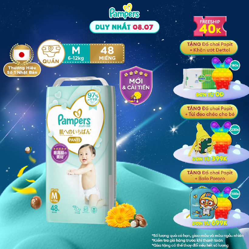 [7.7-9.7 MUA LÀ CÓ QUÀ] Tã/ Bỉm Quần PAMPERS Nhật Thượng Hạng Size M (48 miếng 6-12kg) Siêu Mềm Mịn & Thoáng Khí