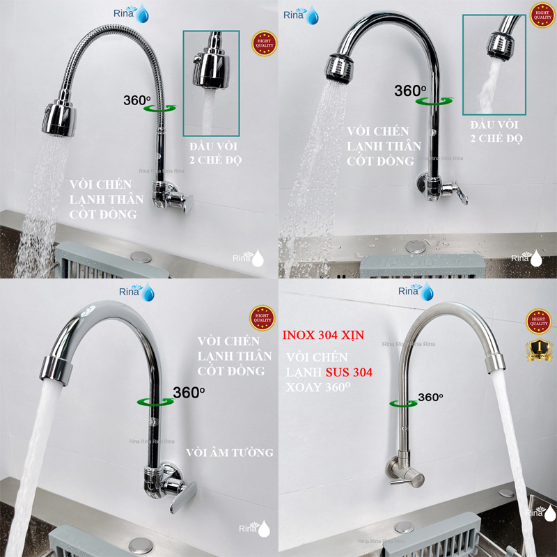 Âm tường cao cấp vòi rửa chén lạnh âm tường rina cao cấp vòi chén lạnh âm tường xi bóng tay gạt xoay 360 độ nhiều mẫu mã tiện ích