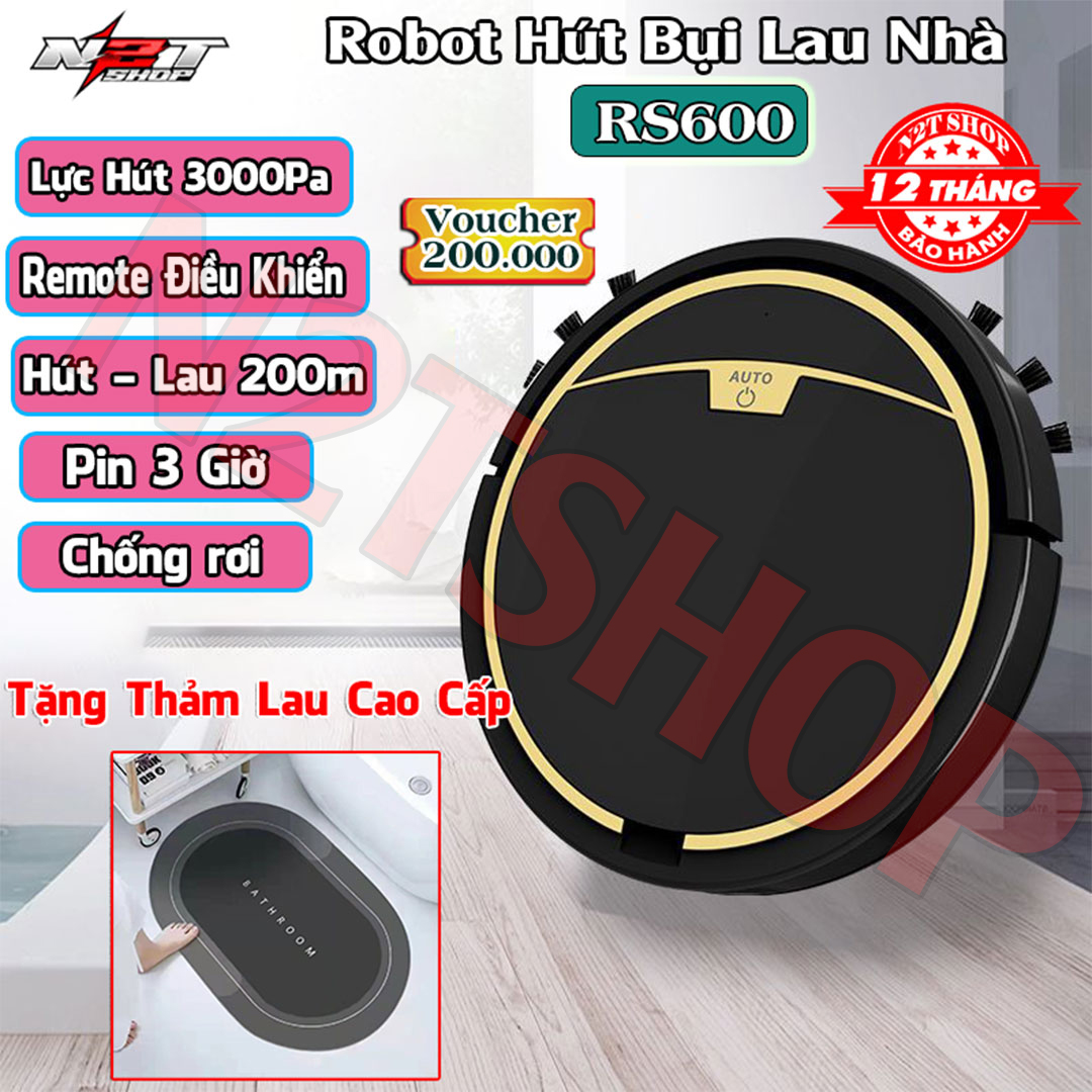 Robot hút bụi lau nhà, máy hút bụi lau nhà RS600, lực hút siêu mạnh 4000Pa, mắt thần chống rơi chống va đập, 3 chế độ Lau - Quét - Hút, có Remote điều khiển, robot hut bụi lau nhà tự động, Bảo hành 12 tháng