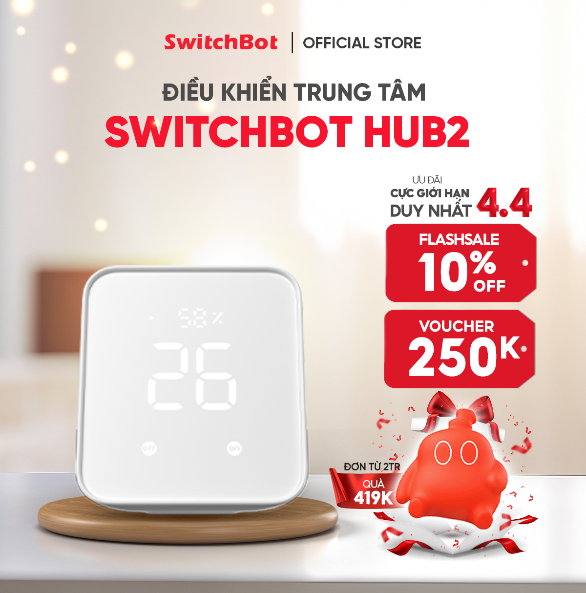 Switchbot hub 2 - điều khiển trung tâm switchbot tích hợp 4 in 1 cảm biến ảnh sáng, nhiệt độ và độ ẩm, điều khiển homekit qua matter - bảo hành 1 năm