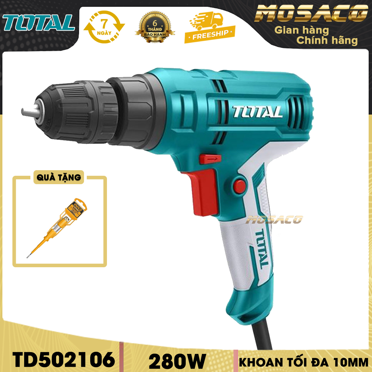 Máy khoan điện 280W TOTAL TD502106 điện thế 220-240V. Máy khoan điện cầm tay tốc độ không tải từ 0 đến 750 vòng phút, có đảo chiều quay, khả năng khoan tối đa 10mm, bảo hành chính hãng 6 tháng - MOSACO