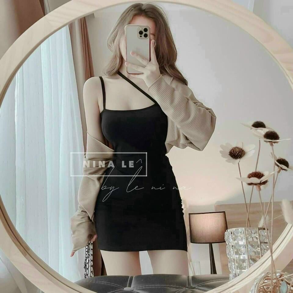 Đầm body 2 dây cọng bún trơn kèm khoác ngoài chất thun len gân dày đẹp