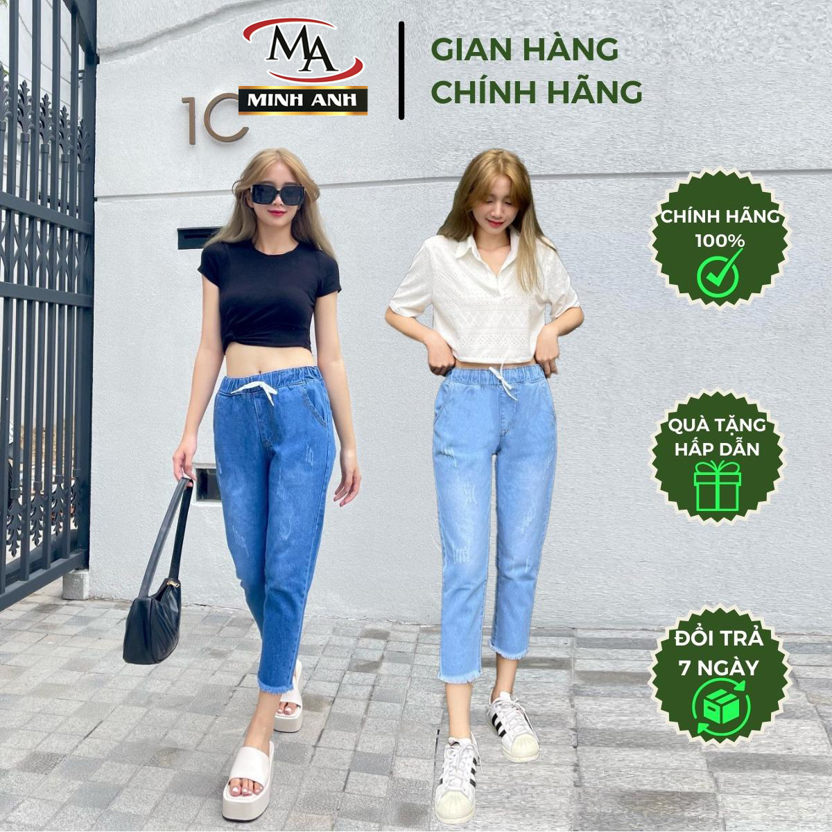 Quần baggy nữ lưng thun cào xước lai tua phong cách baggic đơn giản