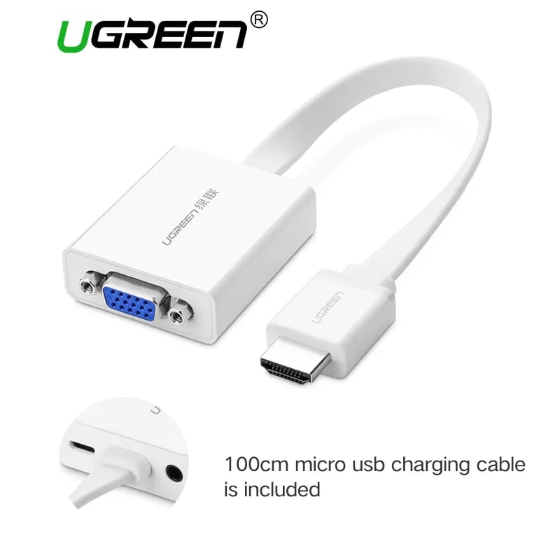Ugreen 40247 màu trắng bộ chuyển hdmi sang vga dây dẹp kèm cổng âm thanh mm103