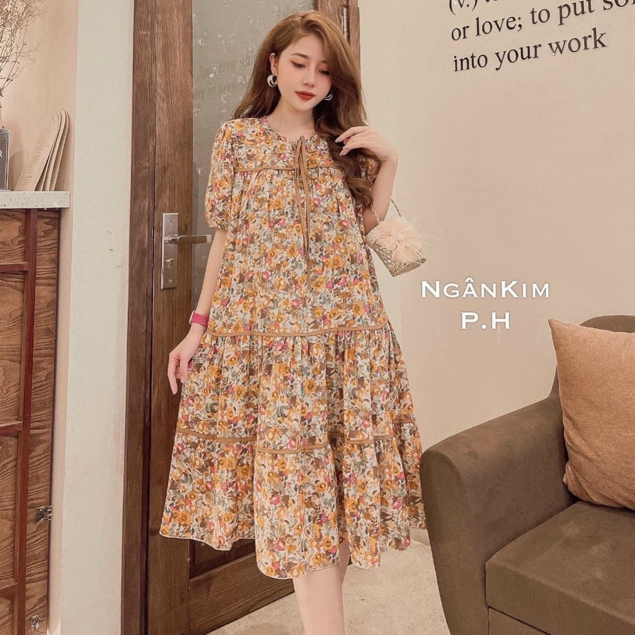 Váy bầu thời trang thiết kế hoa nhí chất Lụa Hoa freesize từ 45 đến 70kg