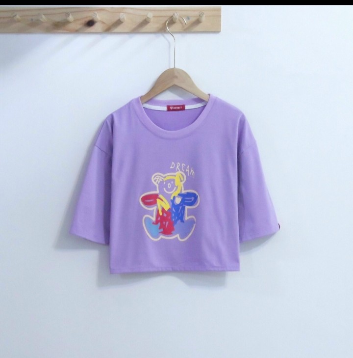 Aó thun tay lỡ croptop from rộng hình in con gấu dễ thương frieesize từ 40-70kg cổ tròn