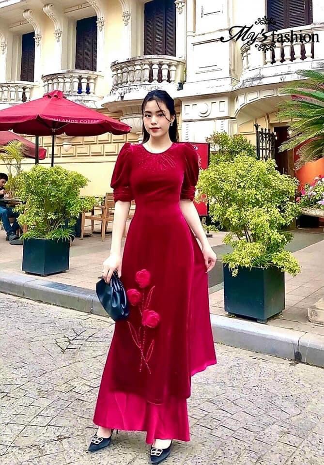 Áo dài cách tân lụa nhung đính hoa vải dày mịn
