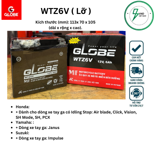 Bình Acquy xe máy GLOBE WTZ6V  ( 12V-6Ah) dùng cho  PCX Vision Lead125,Sh Việt,Winner Air Blade