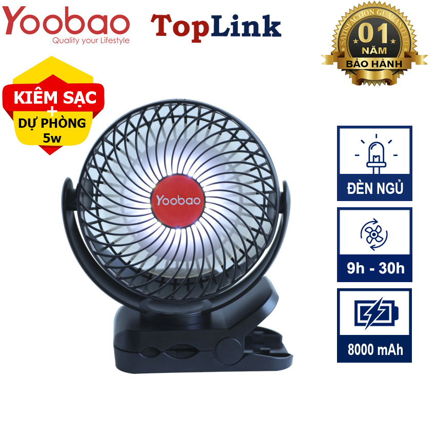 Quạt Kẹp Tích Điện Mini Để Bàn Kiêm Sạc Dự Phòng Yoobao F8 3in1 Có Đèn Led Pin 8000mah Dùng 9-30h Liên Tục - Phân phối bởi TopLink