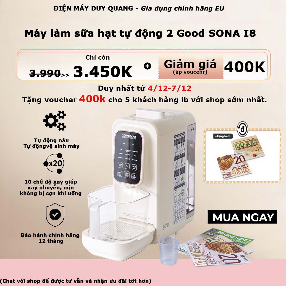 Máy làm sữa hạt tự động 2good sona i8 - tự động nấu, tự động vệ sinh