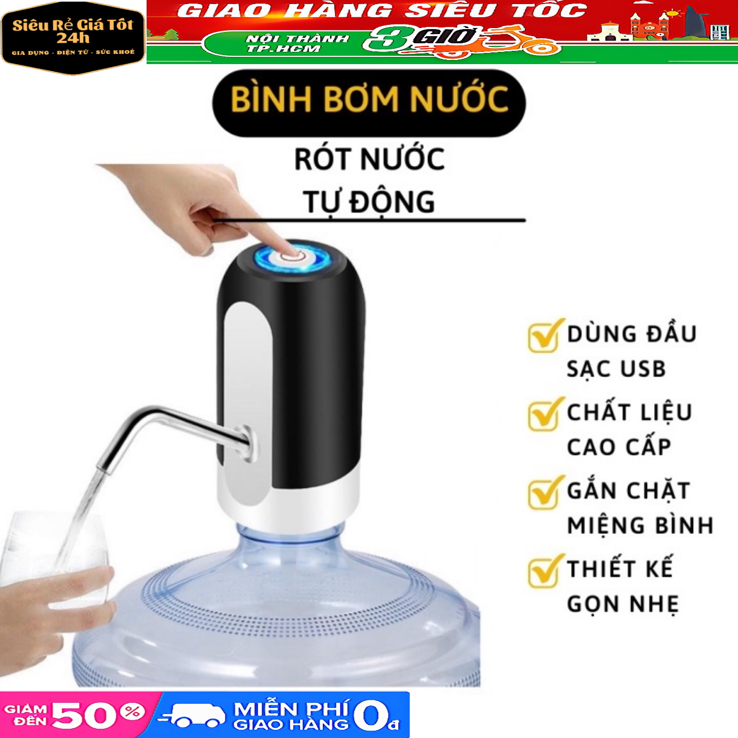 Máy bơm nước mini điện tử tự động có sạc USB - Máy hút nước thông minh có đèn led pin SỬ DỤNG CHO TẤT CẢ CÁC LOẠI BÌNH