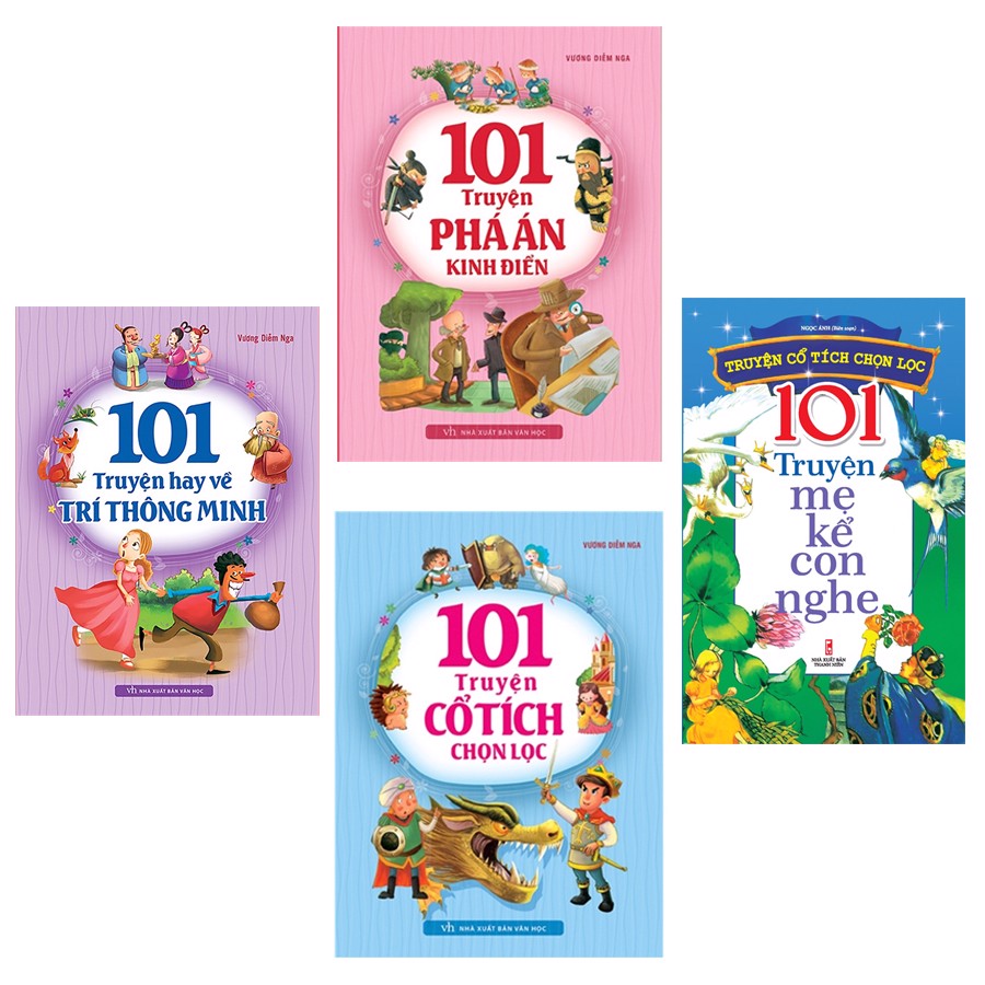 Combo 4 cuốn: 101 truyện hay về trí thông minh + 101 truyện phá án kinh điển + 101 truyện cổ tích chọn lọc + 101 truyện mẹ kể con nghe