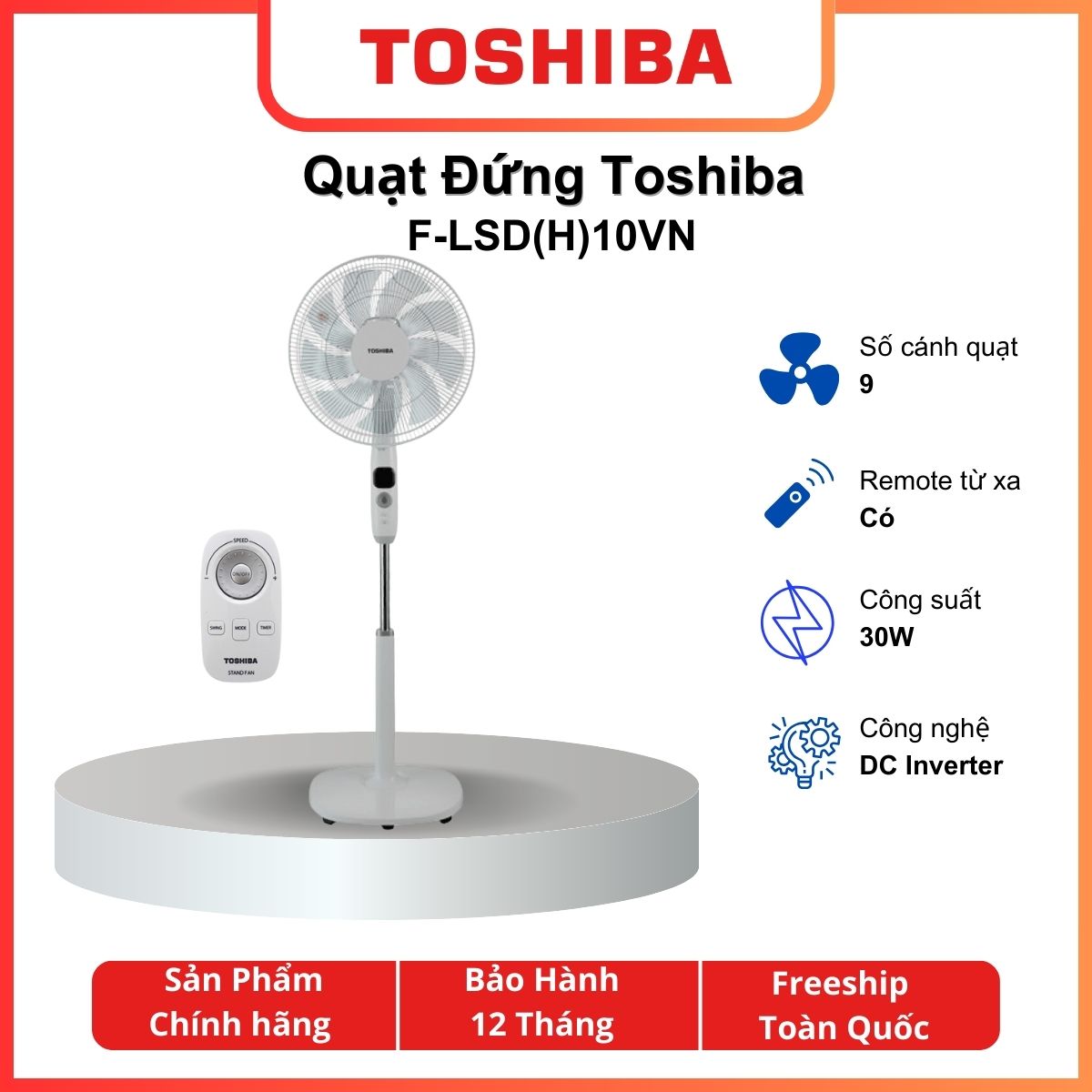 Quạt đứng, quạt cây toshiba f-lsd10vn - 9 cánh - 26 mức gió - remote điều khiển - inverter- hàng chính hãng - giao hỏa tốc 2h