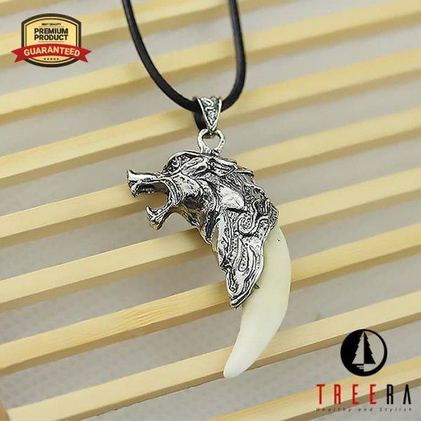 Vòng cổ nam bạc Mã Lai ( Dây đen - nanh sói bọc bạc )