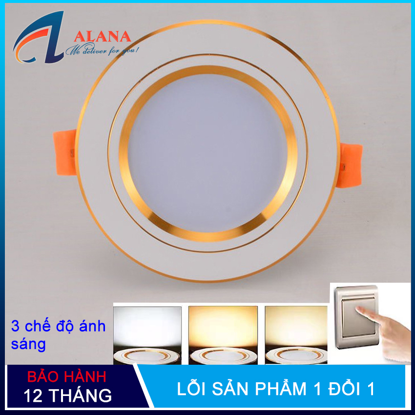 Đèn Led âm trần, âm trần viền vàng hoặc viền bạc 9w 3 màu 3 chế độ, sáng trắng -vàng nắng-vàng ấm
