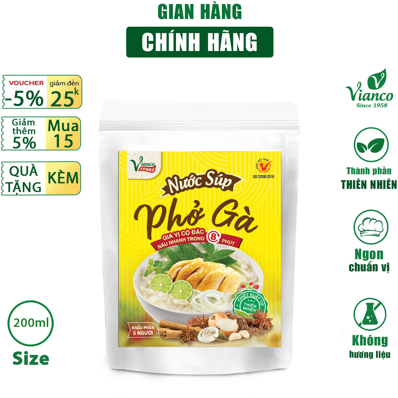Nước sốt nấu Phở Gà Vianco gói 200ml nấu nhanh trong 5 phút gia vị nêm sẵn chuẩn vị không cần nêm nếm - Gia vị Việt Ấn