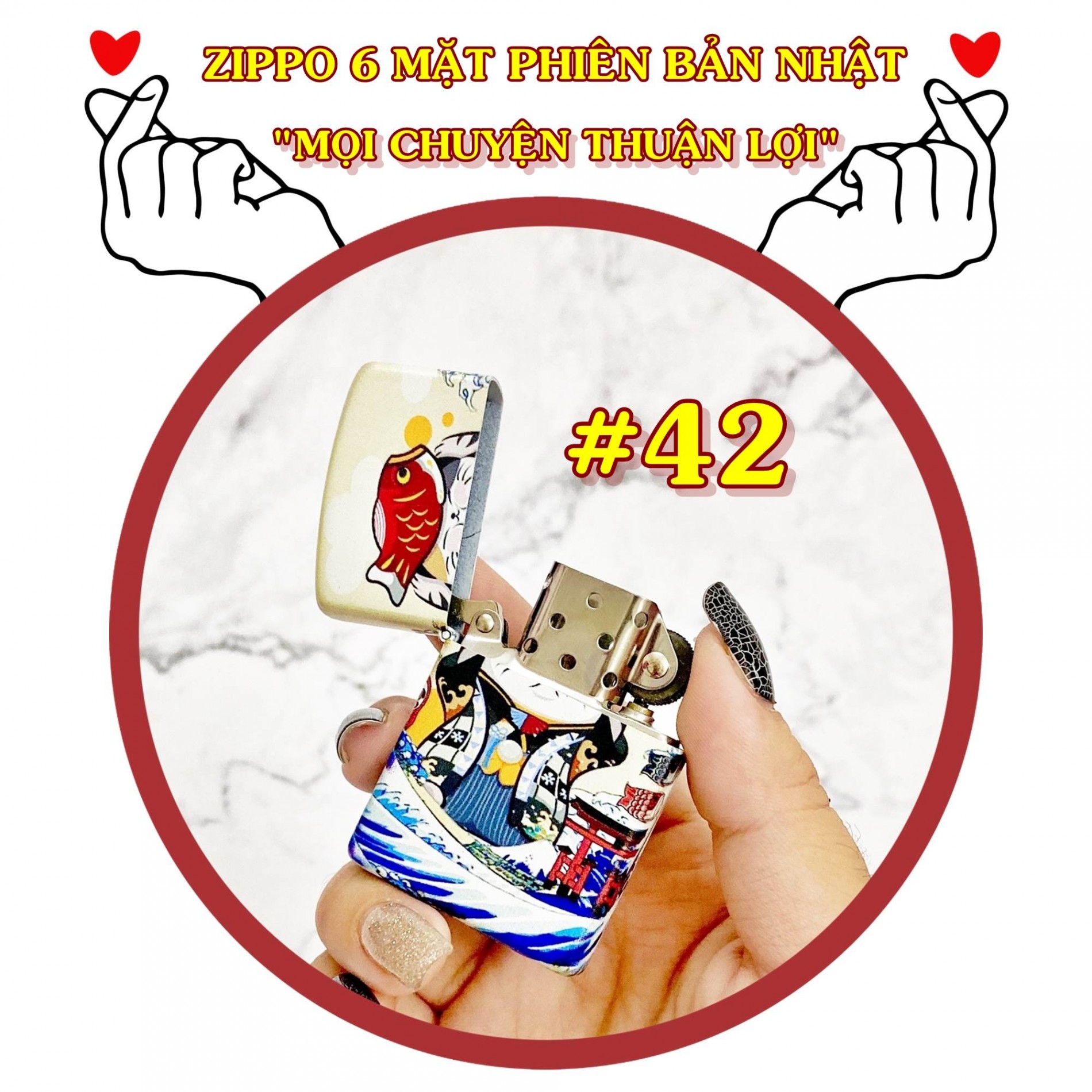 Bật lửa zippo mỹ nhật mèo thuận buồm xuôi gió biển sơn tính điện 6 mặt hột quẹt xăng đá độc lạ