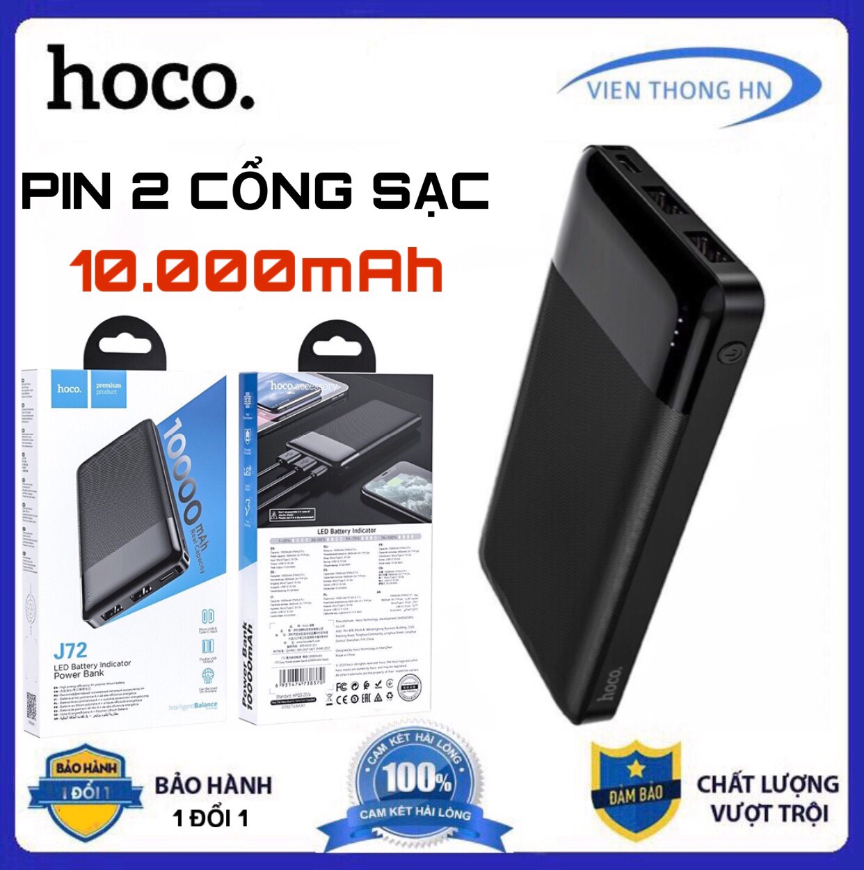 Pin sạc dự phòng 10000mAh Hoco T72 2 cổng sạc cao cấp - vienthonghn
