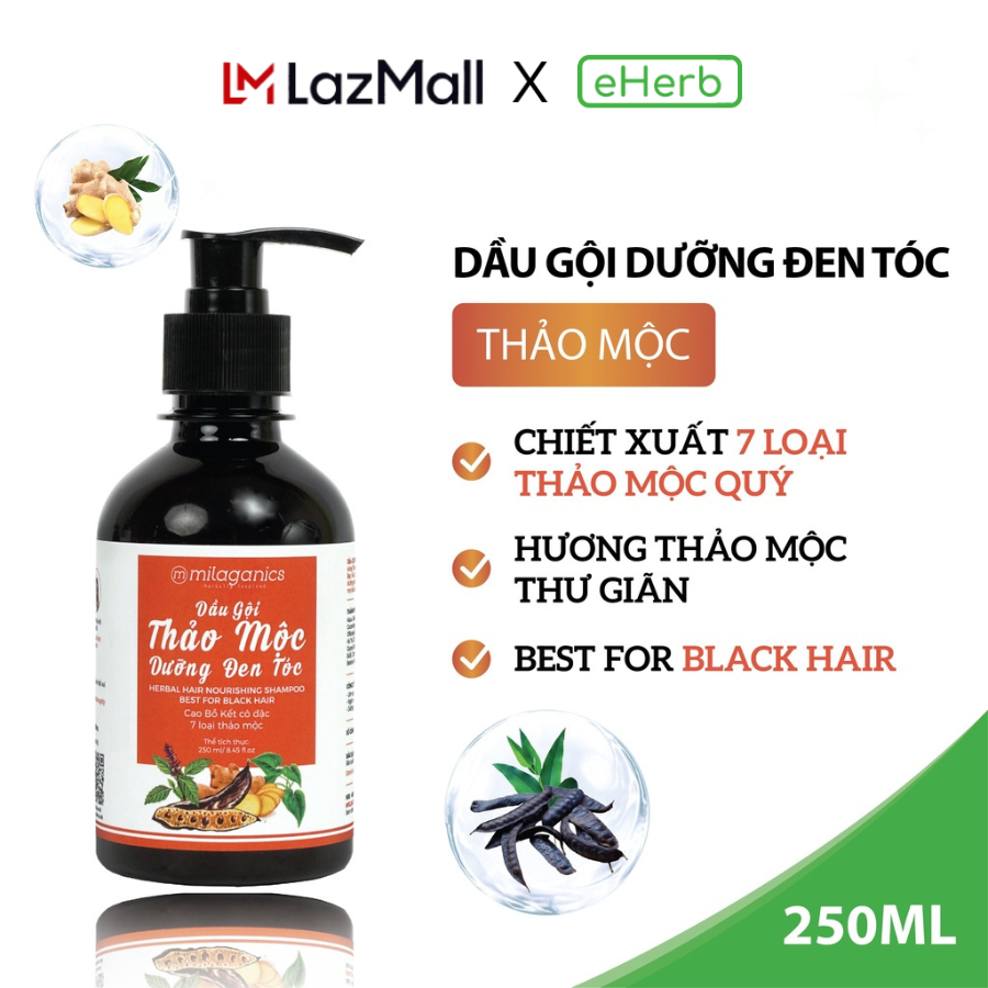 Dầu gội thảo dược 7 loại thiên nhiên, dầu gội đen tóc hương thảo mộc thư giãn milaganics 250ml