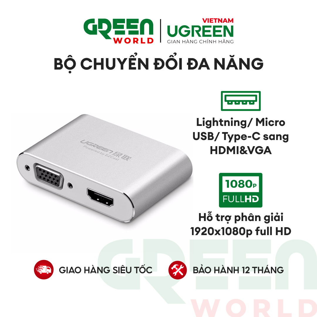 Bộ chuyển đổi đa năng Lightning, Micro USB, Type-C sang HDMI và VGA cho iphone, ipad, Android, máy tính bảng UGREEN US228 - Hãng phân phối chính thức