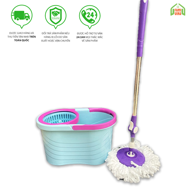 Bộ lau nhà 360 tự vắt thông minh lồng nhựa xoay rất nhẹ vắt khô sạch cây inox bông sợi Microfiber siêu sạch bám thấm hút tốt bộ gồm cây lau nhà tự vắt 360 kèm thùng và bông lau