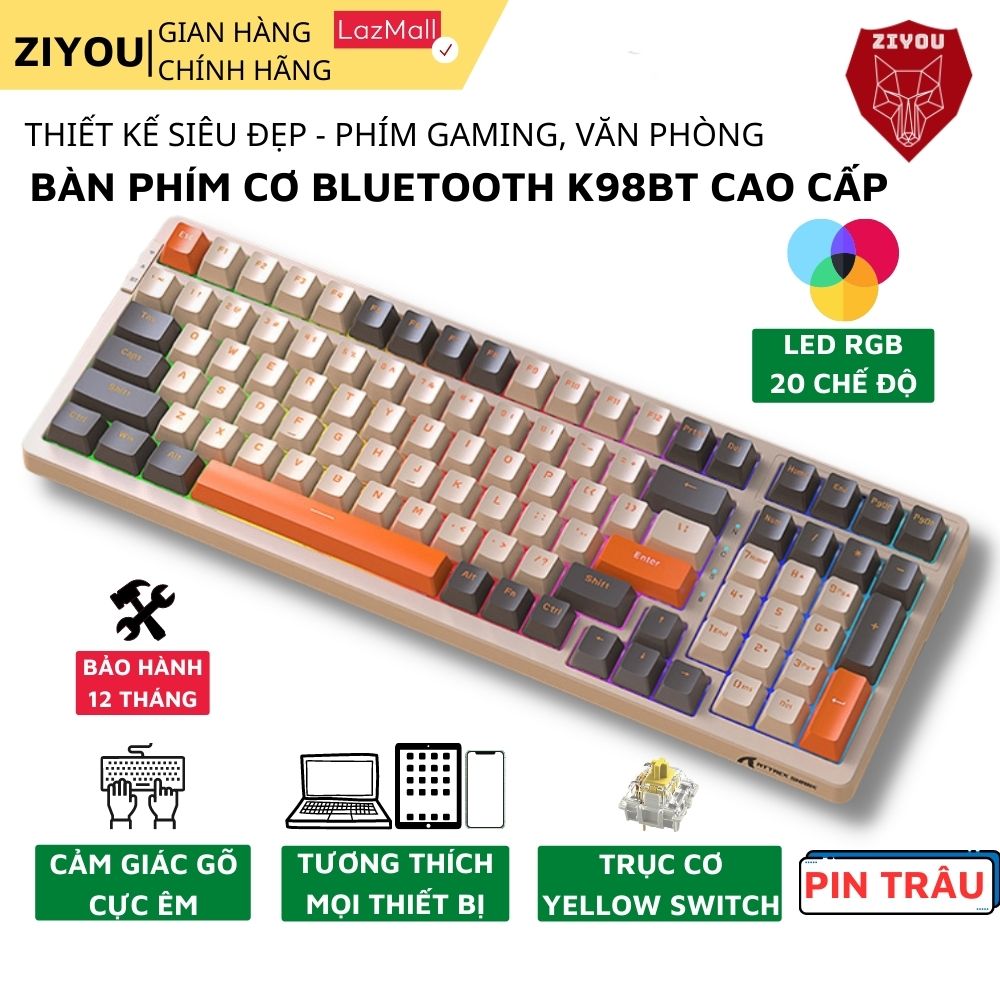 K98BT Hotswap - Bàn phím cơ Ziyou K98BT LED RGB kết nối 3 chế độ Wireless 2.4G + Bluetooth 5.1 + Có 