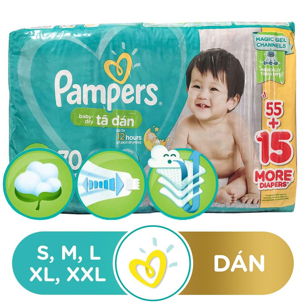 Bỉm - Tã Dán Pampers Baby-Dry Bịch Đại Size M70/L68/XL60
