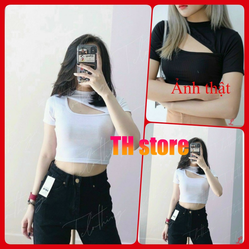 Áo croptop nữ croptop kiểu ôm màu trắng đen tay ngắn hở trên