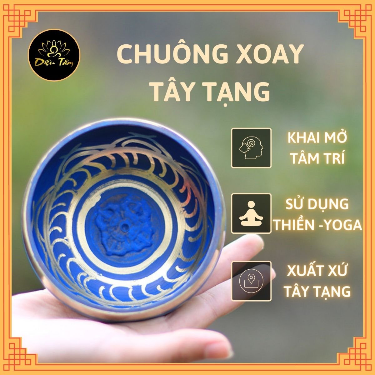 Chuông xoay Tây tạng, chiếc bát biết hát chuông thiền thủ công sơn xanh 9,5cm đồ thờ cúng Diệu Tâm