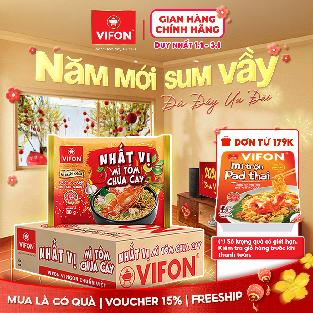   VOUCHER 15%  Thùng 30 gói Mì Nhất Vị VIFON Tôm Chua Cay Trộn Gà Phô Mai Cay 80gr gói 
