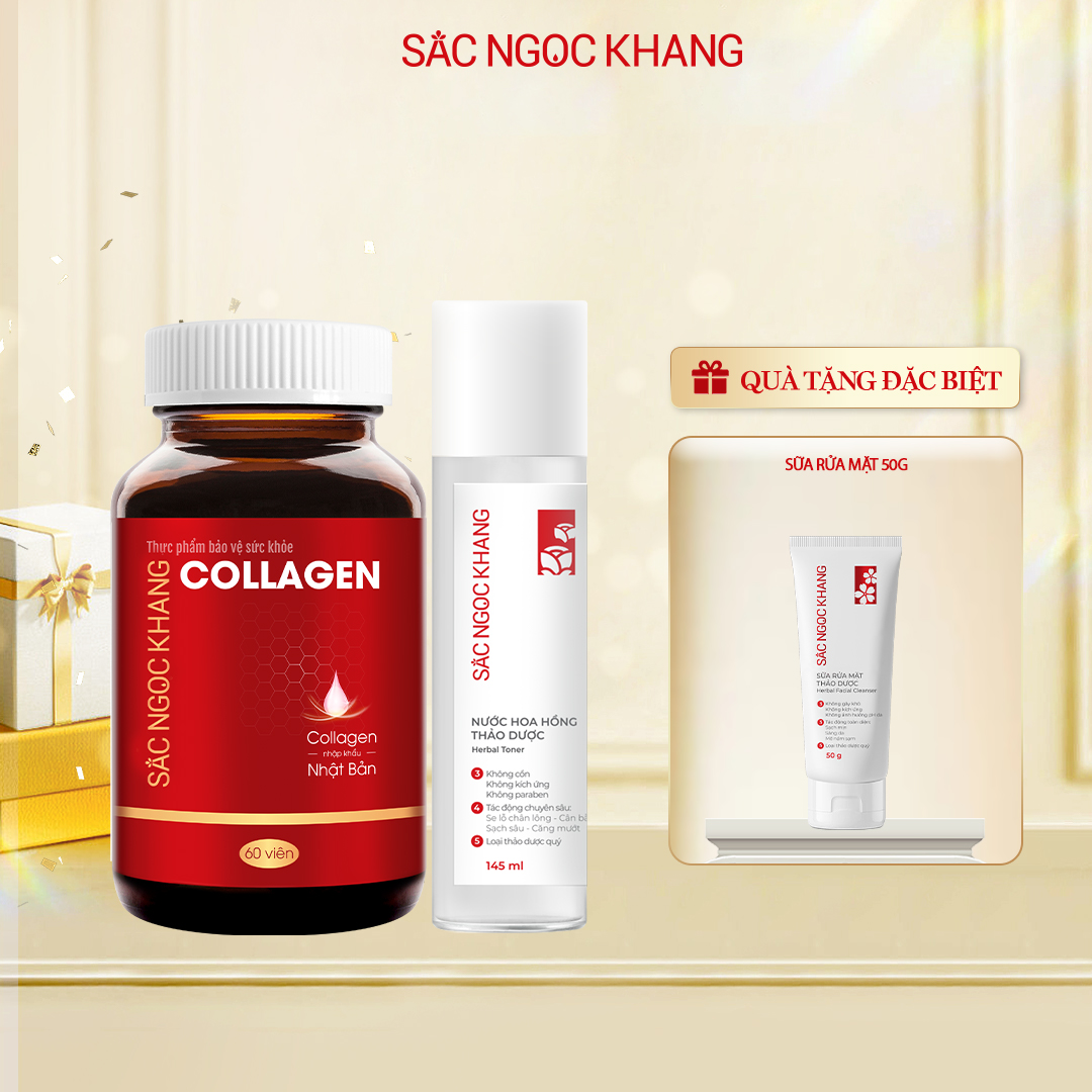 Combo Collagen Sắc Ngọc Khang thế hệ mới  60v (100% collagen Nhật)+ Nước hoa hồng 145ml giúp làn da săn chắc, căng mọng là ẩm mịn