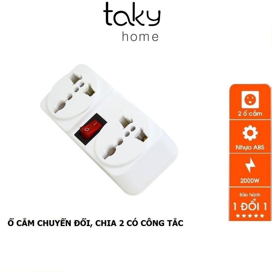 Phích Cắm Chia 2 Ổ Cắm Kèm Công Tắc, Chuyển Từ 1 Ổ Sang 2 Ổ 3 Chấu, Công Suất 2000W, ABS chống cháy. TakyHome 8606