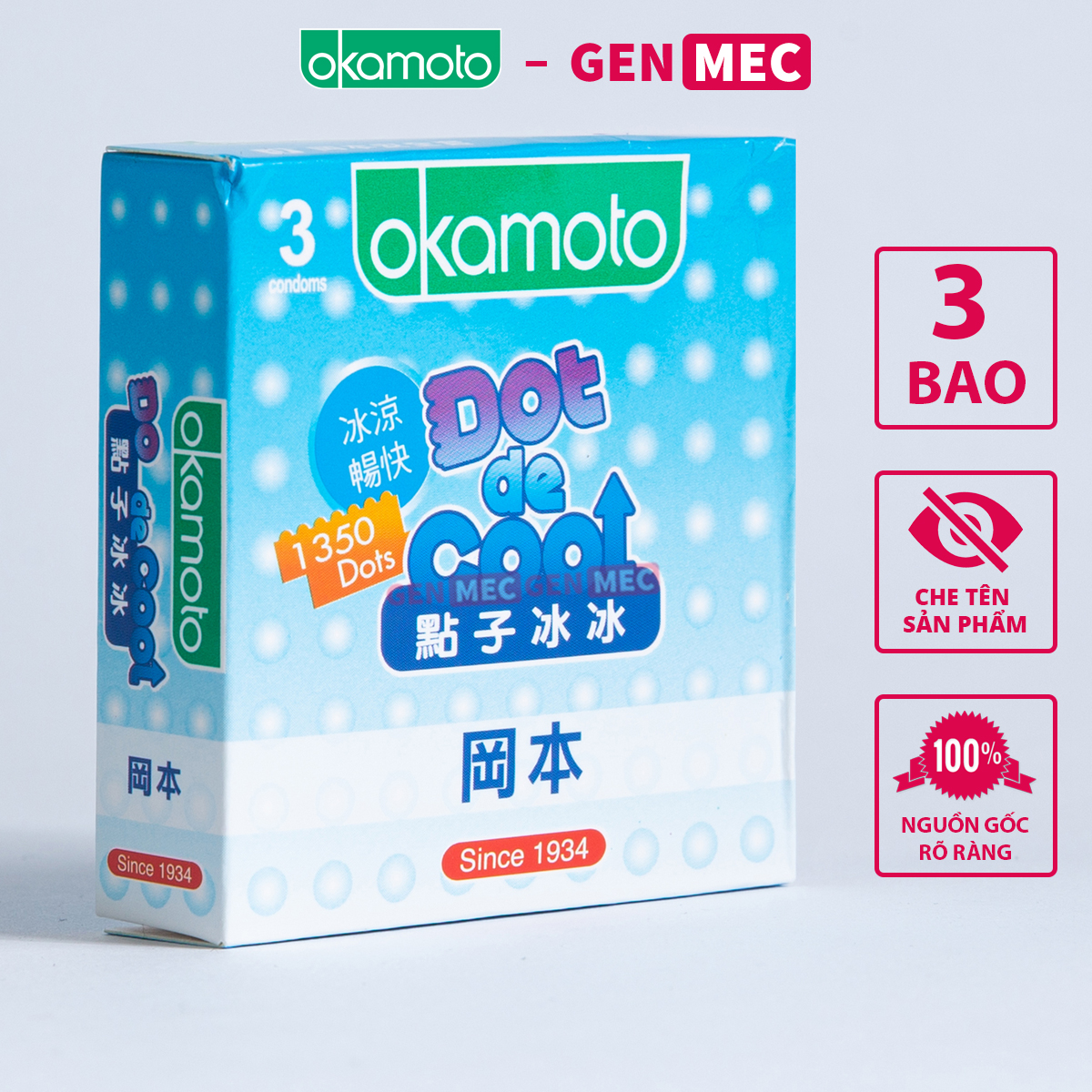 Bao Cao Su Gai Siêu Mỏng Okamoto Dot De Cool - Cảm Giác Mát Lạnh - BCS Okamoto Dot De Cool Hộp 03 bao - Genmec