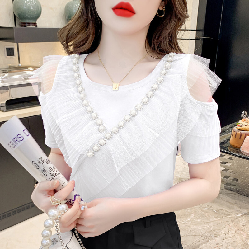 Yimei Áo màu tím cao cấp phong cách người nổi tiếng Áo Thun Nữ viền lưới Ruffle cạnh ngắn tay áo mới 2023 T-shirt888tt Hở Vai Nữ Cổ Tròn Đính cườm nặng