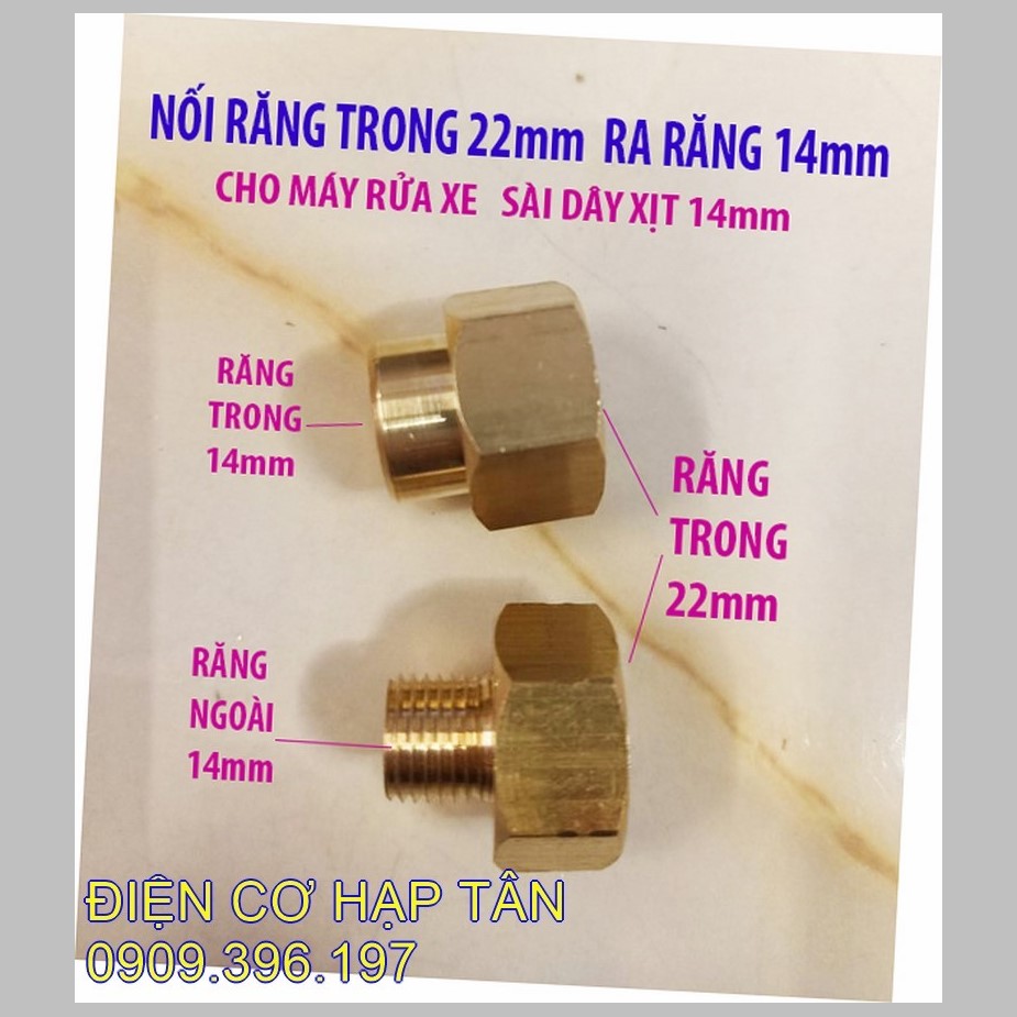 Đầu nối thau răng trong 22mm ra răng 14mm - cho máy rửa xe mini xài dây xịt răng 14mm , để rửa máy lạnh